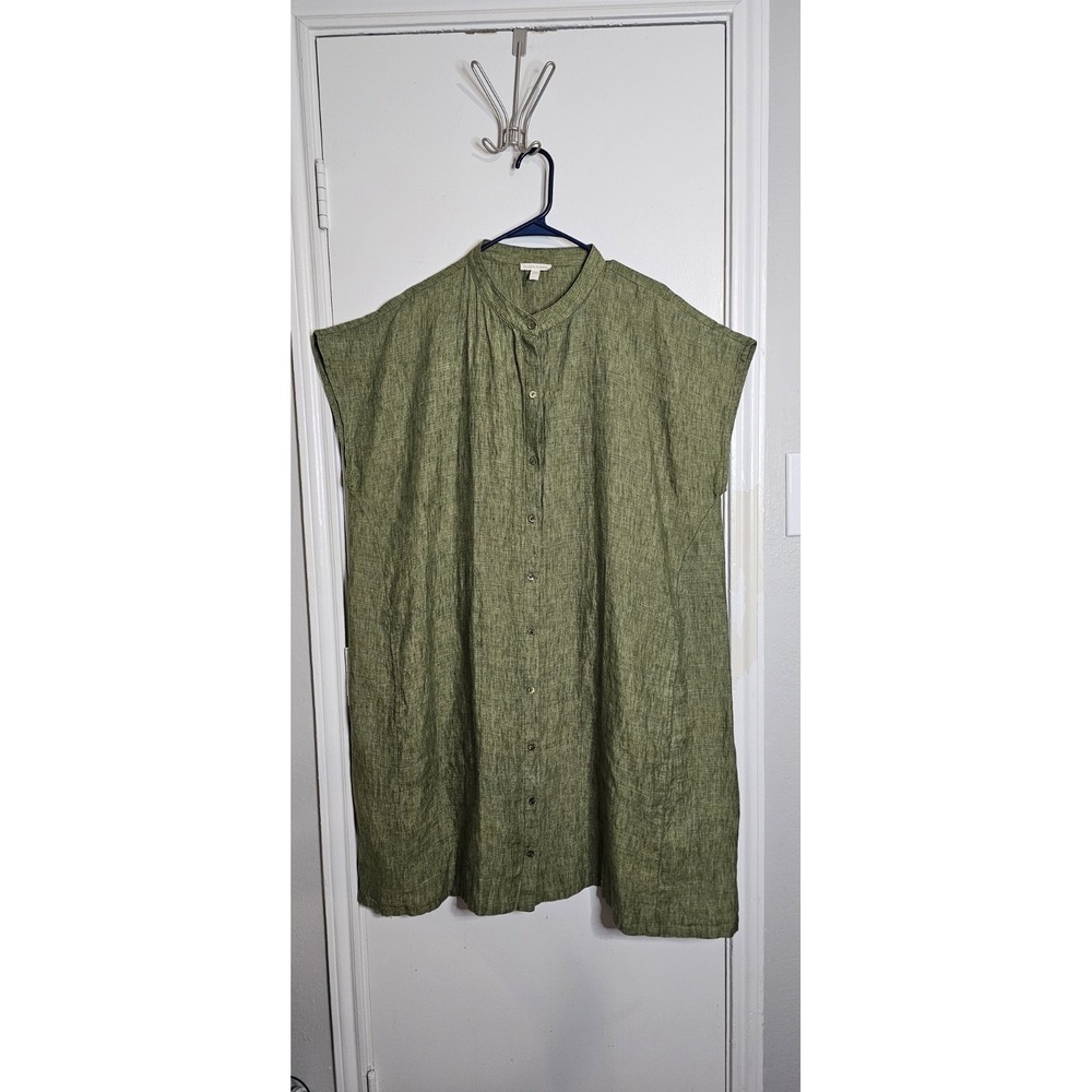 Eileen Fisher Shirt Dress 2X Womens 100% Organic Linen Button Down Green Resort - Picture 8 of 8